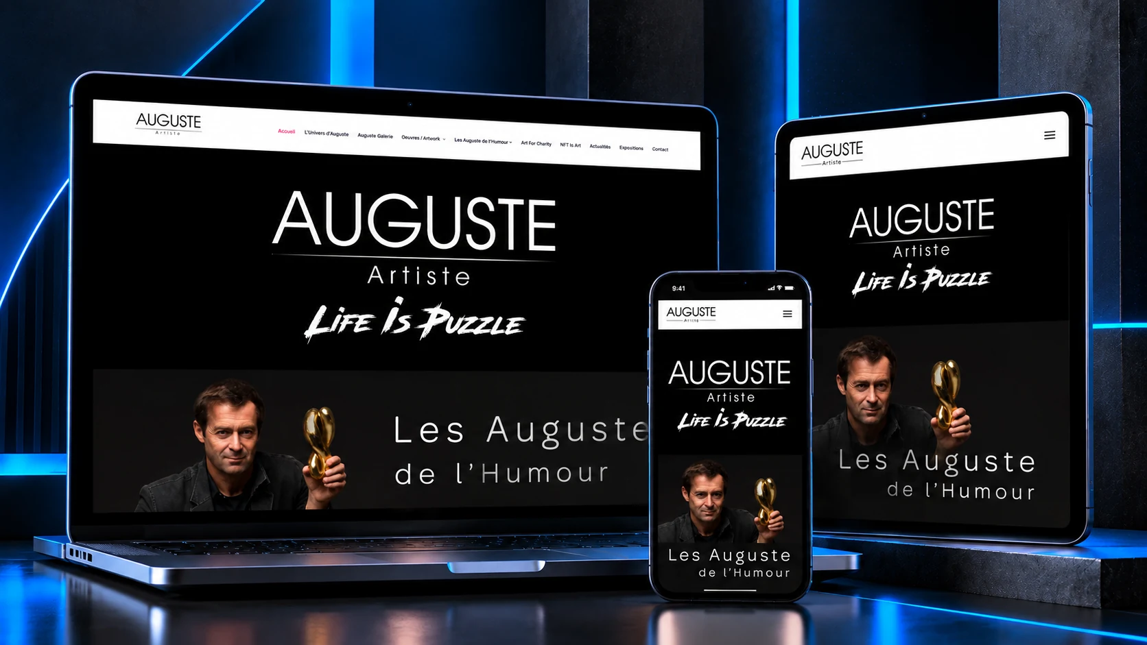 Mockup responsive du site Auguste Artiste sur ordinateur, tablette et smartphone