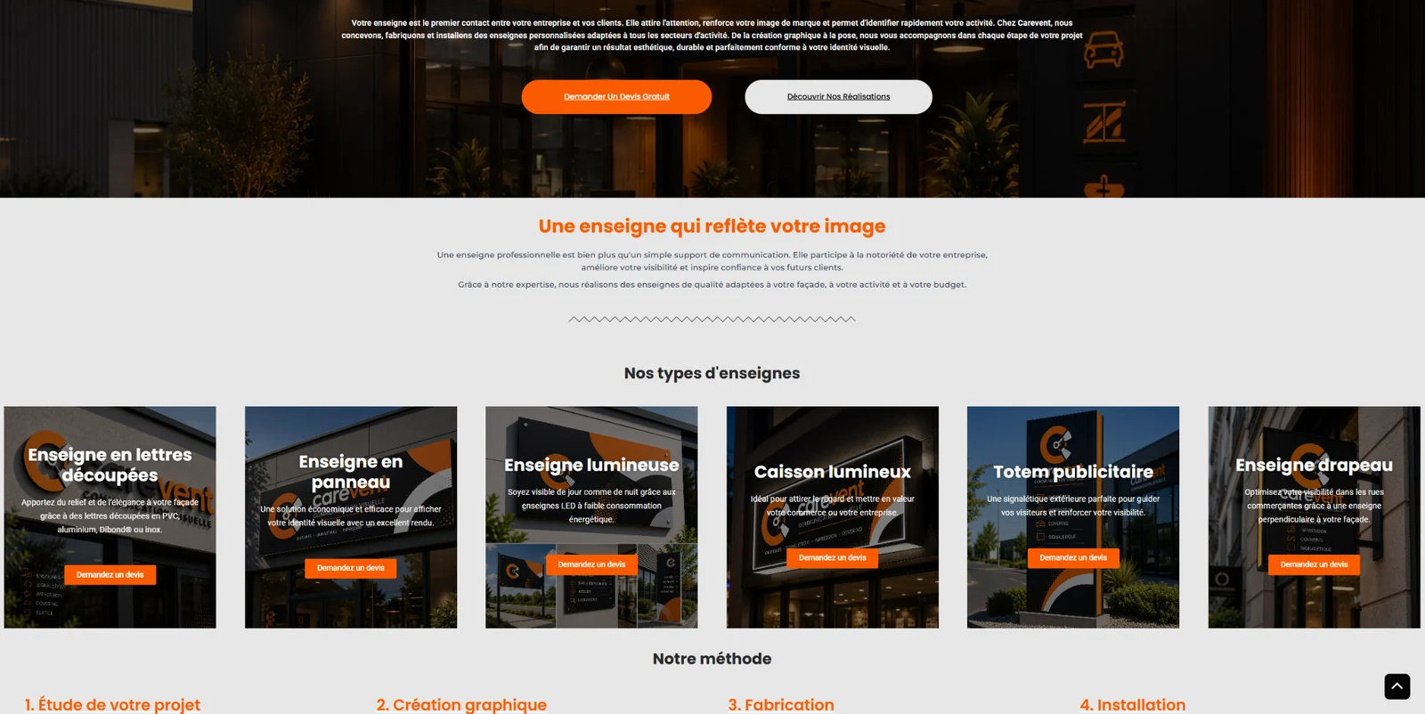Page intérieure du site Carevent consacrée aux enseignes