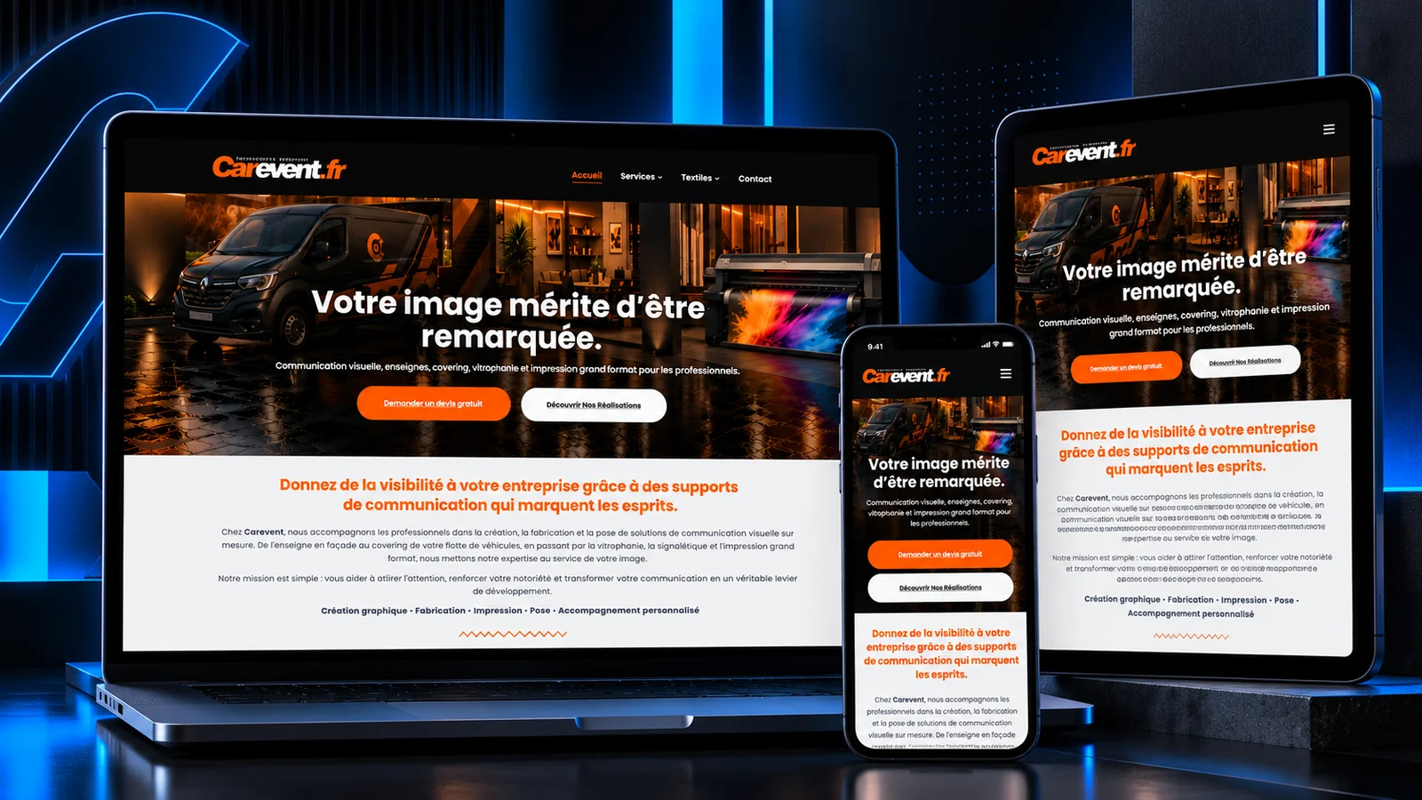 Présentation du site Carevent sur ordinateur, tablette et smartphone